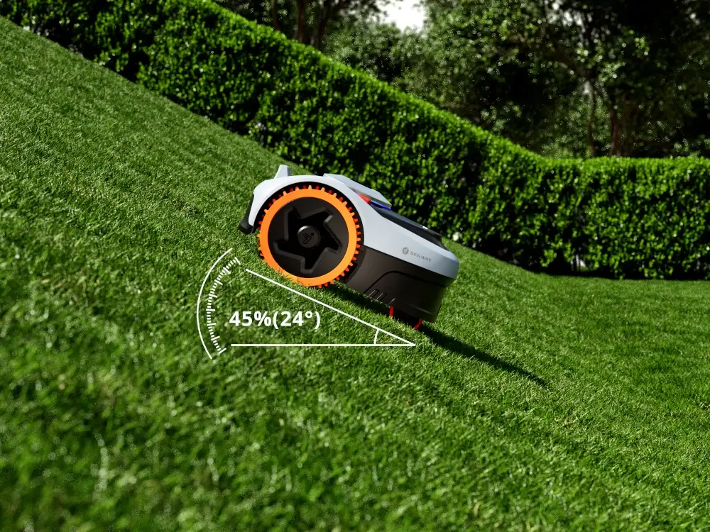 Pokazanie dopuszczalnego kąta nachylenia Segway Navimow i210 AWD – robot koszący na skarpach, dopuszczalne nachylenie do 45% (24°)